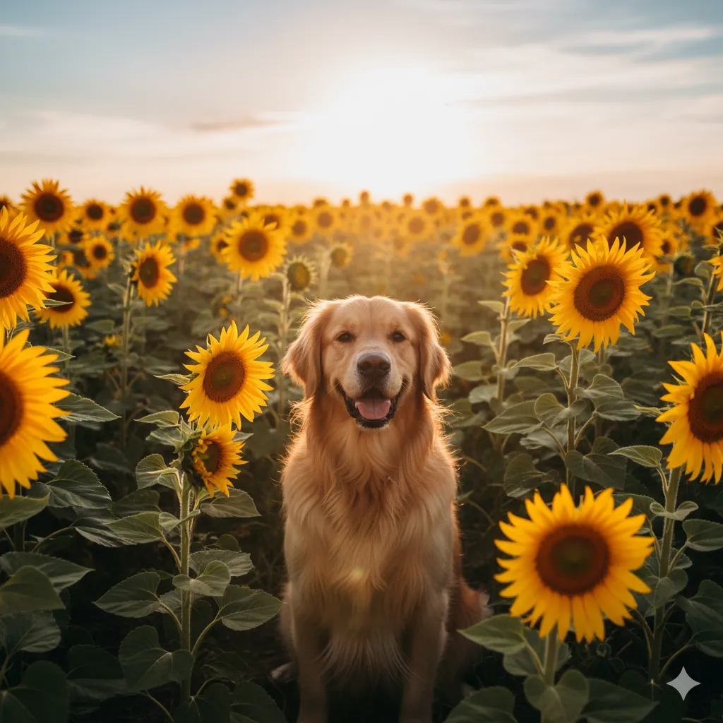 A golden retriever sitting in a field of sunflowers