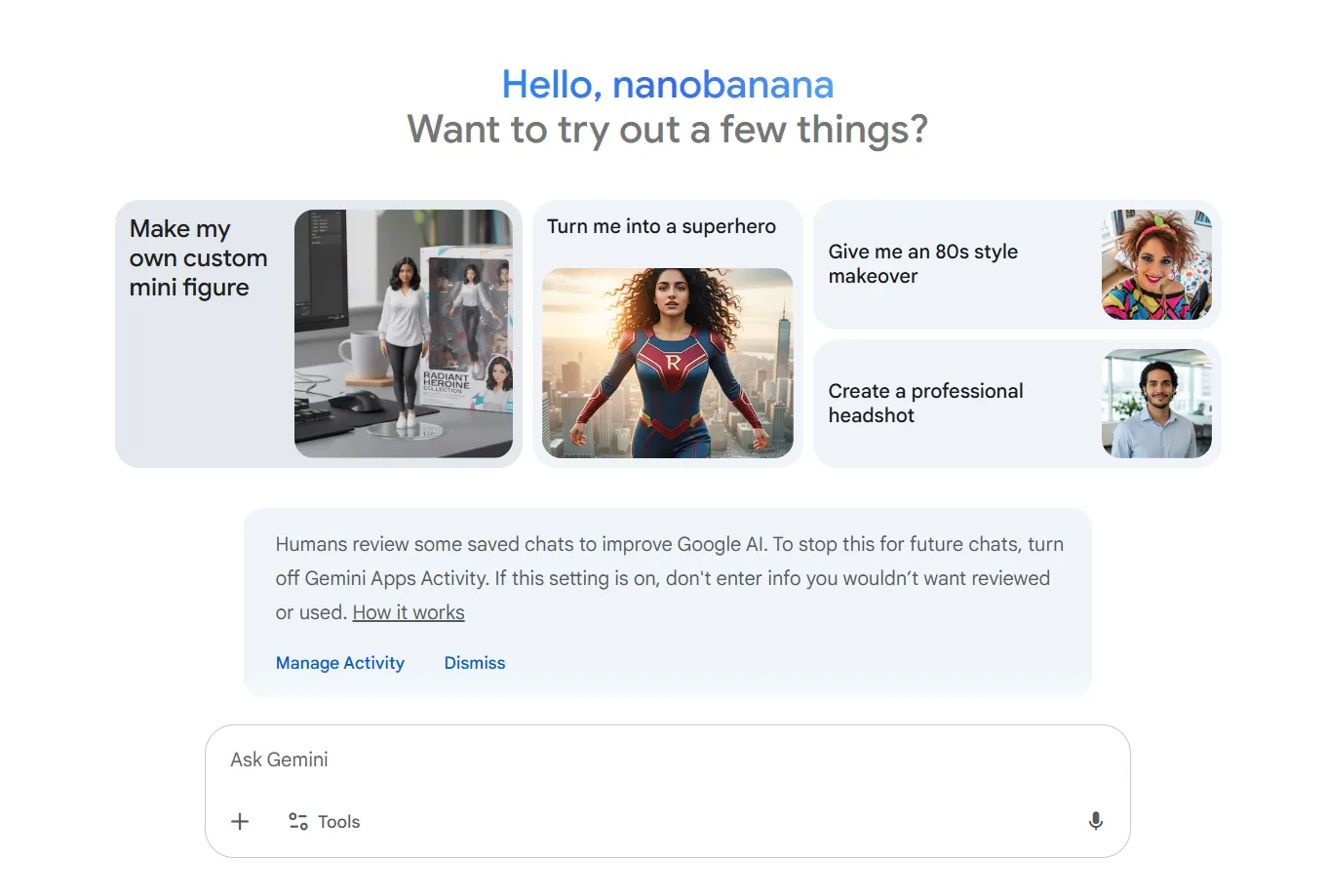 Google Gemini interface showing NanoBanana AI portrait upload
