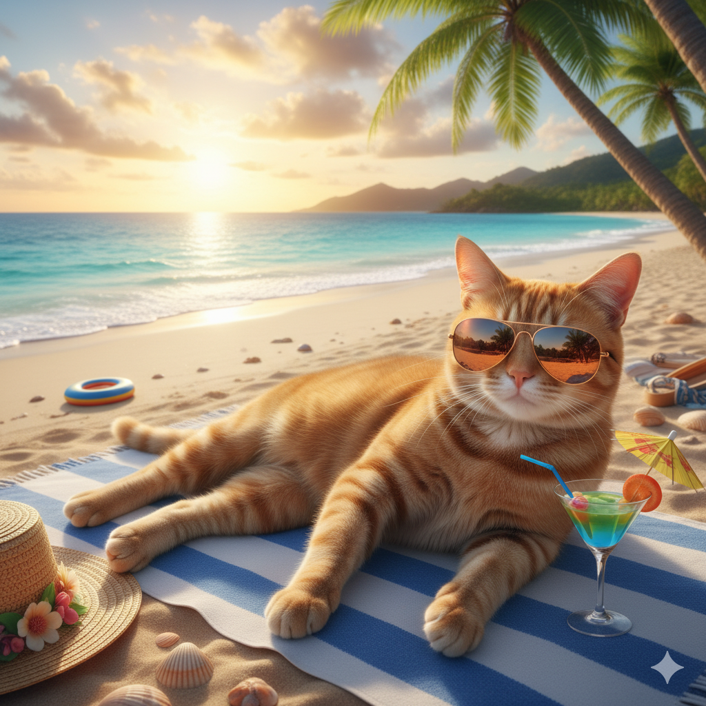 a cat wearing sunglasses on a beach
