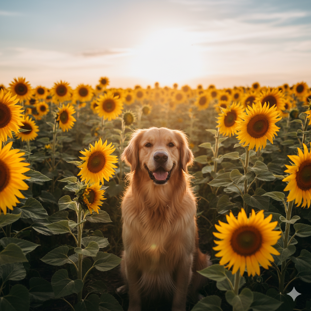 A golden retriever sitting in a field of sunflowers
