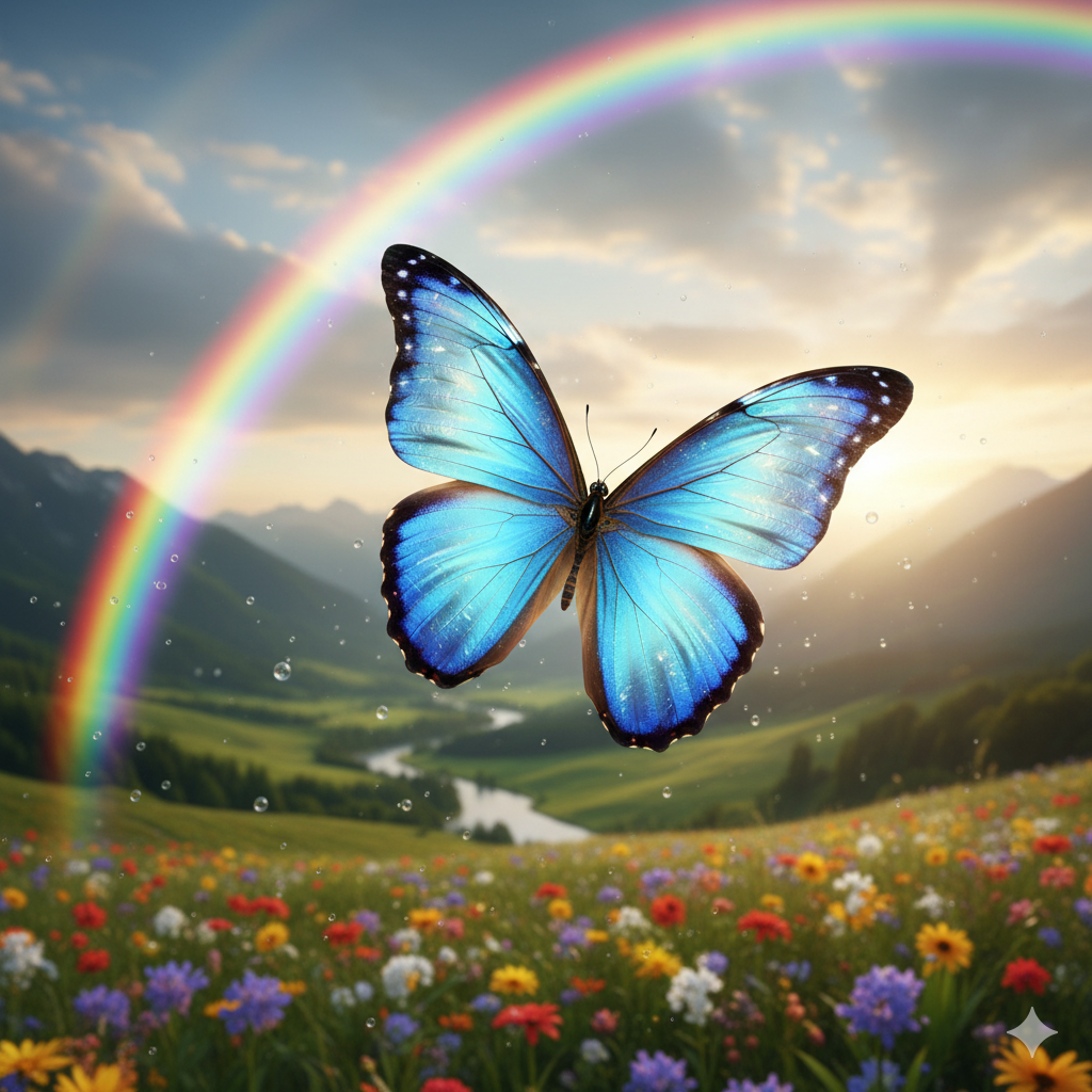 a picture of a blue butterfly flying over a rainbow